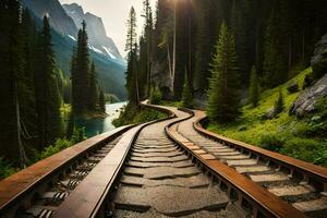 Eisenbahn Spuren im das Berge. KI-generiert foto