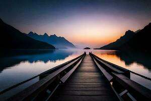 ein hölzern Brücke führt zu ein See beim Sonnenuntergang. KI-generiert foto