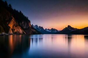ein See und Berge beim Sonnenuntergang. KI-generiert foto