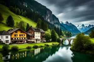 ein Fluss läuft durch ein Grün Senke mit Häuser und Berge. KI-generiert foto