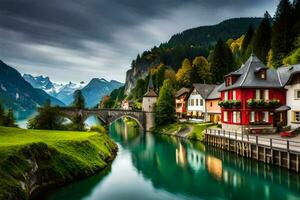 ein schön Fluss läuft durch ein Stadt, Dorf im das Berge. KI-generiert foto