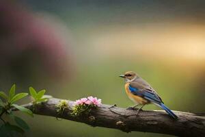 ein Blau Vogel sitzt auf ein Ast mit Rosa Blumen. KI-generiert foto