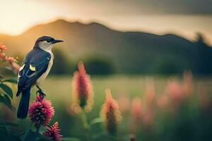 ein Vogel sitzt auf ein Blume im Vorderseite von ein Berg. KI-generiert foto