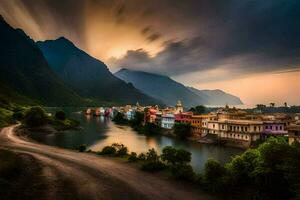 Foto Hintergrund das Himmel, Berge, Fluss, See, Indien, udaipur,. KI-generiert