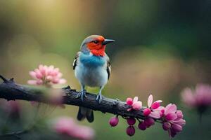 ein bunt Vogel sitzt auf ein Ast mit Rosa Blumen. KI-generiert foto