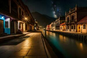 ein Kanal im das Mitte von ein Stadt, Dorf beim Nacht. KI-generiert foto