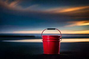 ein rot Eimer auf das Strand beim Sonnenuntergang. KI-generiert foto