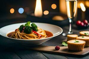 Spaghetti mit Brokkoli und Fleischklößchen im ein Schüssel. KI-generiert foto