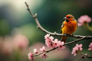 ein Vogel sitzt auf ein Ast mit Rosa Blumen. KI-generiert foto