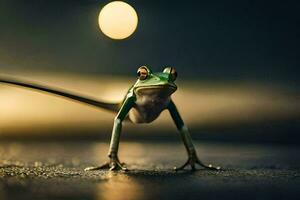 ein Frosch ist Stehen auf das Boden mit ein voll Mond im das Hintergrund. KI-generiert foto