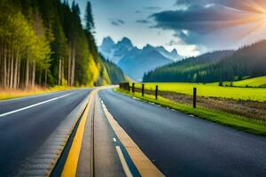 ein Straße mit Bäume und Berge im das Hintergrund. KI-generiert foto