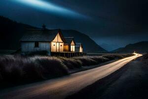 ein Straße führen zu ein Haus beim Nacht. KI-generiert foto