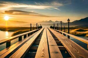 ein hölzern Brücke Über ein Fluss beim Sonnenuntergang. KI-generiert foto