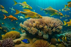 ein Koralle Riff mit viele Fisch und Anemonen. KI-generiert foto