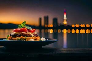 ein Teller von Essen mit ein Aussicht von das Stadt beim Nacht. KI-generiert foto