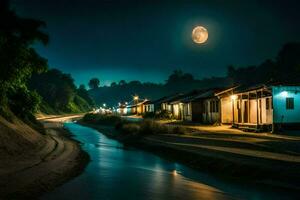 ein Fluss läuft durch ein Dorf beim Nacht. KI-generiert foto