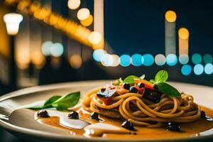 ein Teller von Spaghetti mit Soße und Gemüse auf ein Tisch. KI-generiert foto