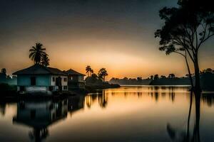 ein Haus auf das Wasser beim Sonnenuntergang. KI-generiert foto