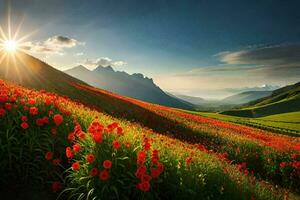 das Sonne scheint Über ein Feld von rot Blumen. KI-generiert foto