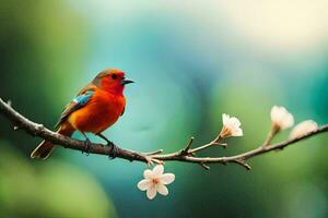 ein bunt Vogel sitzt auf ein Ast mit Blumen. KI-generiert foto