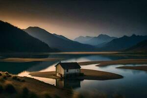 ein klein Haus sitzt auf das Ufer von ein See. KI-generiert foto