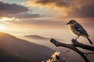 ein Vogel auf ein Ast im das Berge. KI-generiert foto