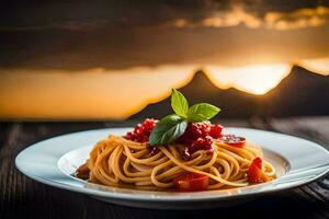 Spaghetti mit Tomate Soße und Basilikum auf ein Platte. KI-generiert foto