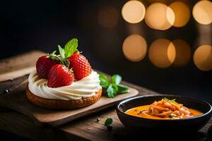 ein Dessert mit Erdbeeren und Sahne auf ein hölzern Tisch. KI-generiert foto