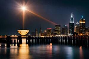 das Stadt Horizont ist zündete oben beim Nacht mit ein hell Licht leuchtenden auf Es. KI-generiert foto