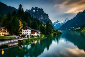 ein See und Berg Angebot im das Hintergrund. KI-generiert foto