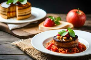 ein Teller von Essen mit ein Scheibe von Kuchen und ein Scheibe von Spaghetti. KI-generiert foto