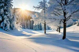 Winter ist Kommen, das Sonne ist leuchtenden durch das Bäume. KI-generiert foto