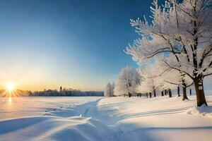 ein schneebedeckt Feld mit Bäume und das Sonne Einstellung. KI-generiert foto