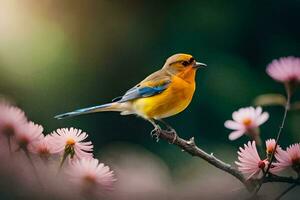 ein Gelb Vogel sitzt auf ein Ast mit Rosa Blumen. KI-generiert foto