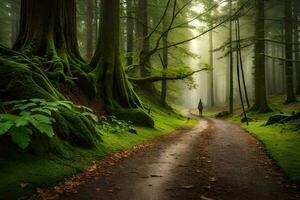 ein Mann Spaziergänge Nieder ein Pfad im das Wald. KI-generiert foto