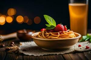 Spaghetti mit Erdbeeren und Minze Blätter im ein Schüssel. KI-generiert foto