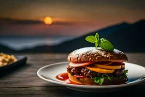 ein Hamburger mit Tomate, Grüner Salat und Käse auf ein Weiß Platte. KI-generiert foto