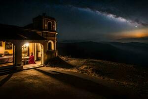 ein Frau sitzt im Vorderseite von ein Kirche beim Nacht. KI-generiert foto