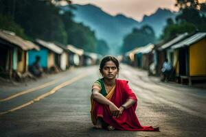ein jung Mädchen sitzt auf das Straße im Vorderseite von ein Dorf. KI-generiert foto
