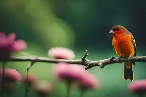 ein klein Orange Vogel sitzt auf ein Ast im Vorderseite von Rosa Blumen. KI-generiert foto