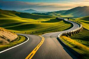 ein Wicklung Straße im das Landschaft mit das Sonne Einstellung. KI-generiert foto