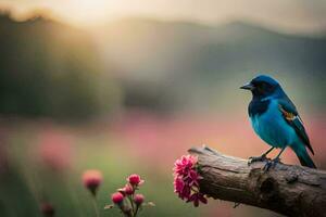 ein Blau Vogel sitzt auf ein Ast im Vorderseite von Rosa Blumen. KI-generiert foto