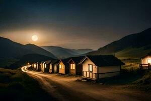 ein Straße führen zu ein klein Dorf beim Nacht. KI-generiert foto