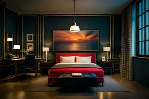 ein Schlafzimmer mit ein rot Bett und ein Gemälde auf das Mauer. KI-generiert foto