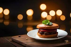 ein Hamburger auf ein Teller mit Kerzen im das Hintergrund. KI-generiert foto