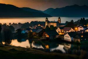 Foto Hintergrund das Himmel, Berge, See, Wasser, das Dorf, das Stadt, das Dorf. KI-generiert