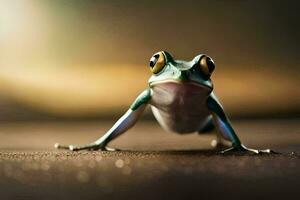 ein Frosch ist Stehen auf ein dunkel Oberfläche. KI-generiert foto