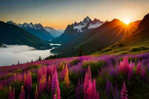 das Sonne steigt an Über das Berge und Blumen im das Vordergrund. KI-generiert foto