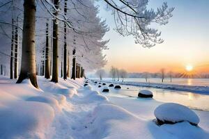 ein schneebedeckt Landschaft mit Bäume und ein Fluss. KI-generiert foto