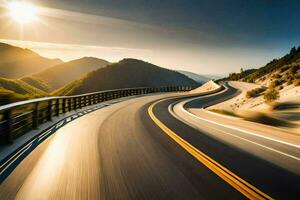 ein Auto Fahren auf ein Autobahn mit das Sonne leuchtenden. KI-generiert foto